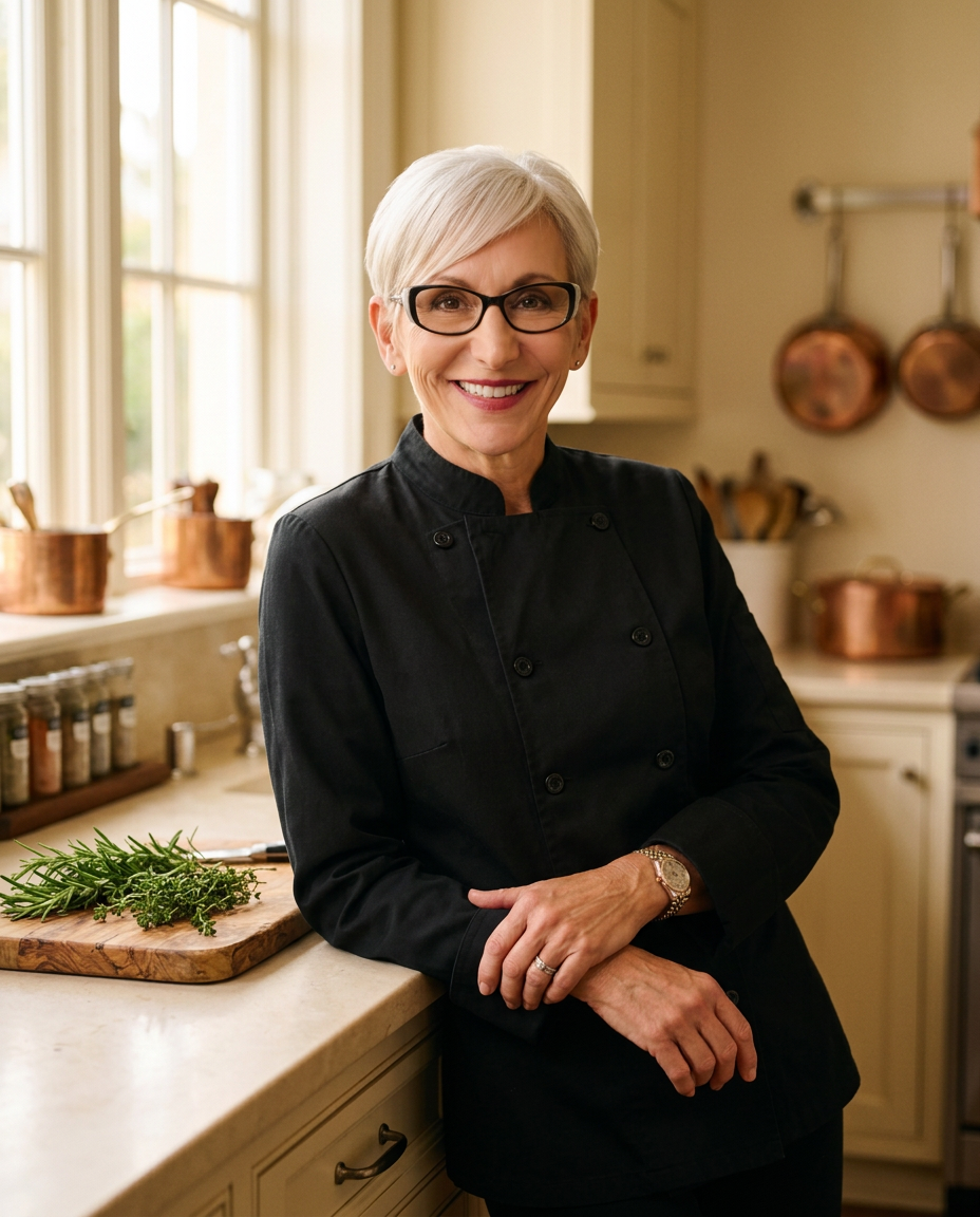 Chef Dawn leaning against her kitchen counter, smiling