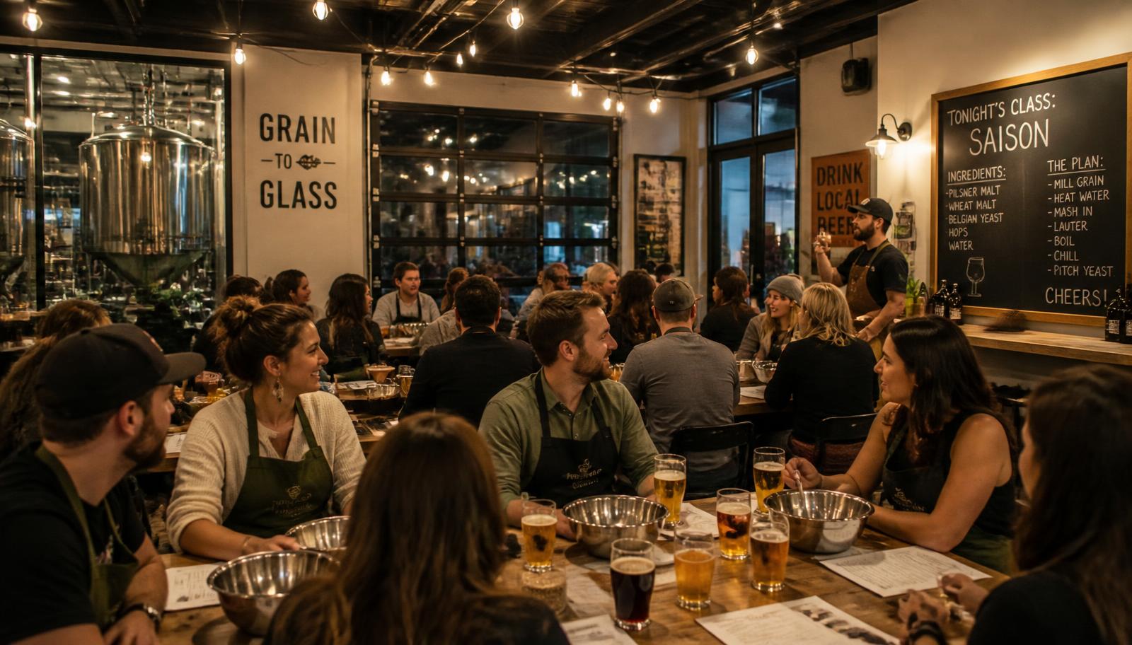 Guests gathered at communal tables for a hands-on class in a warm brewery taproom